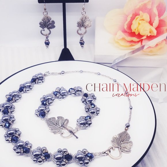 Midnight Ivy Hematite Jewelry - Silver & Dark Blue Necklace Bracelet Earring Set - Picture 14 of 14